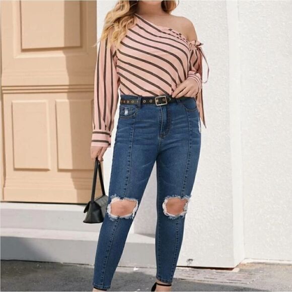 SHEIN Striped Off the Shoulder Top - Size 1XL - Picture 1 of 8